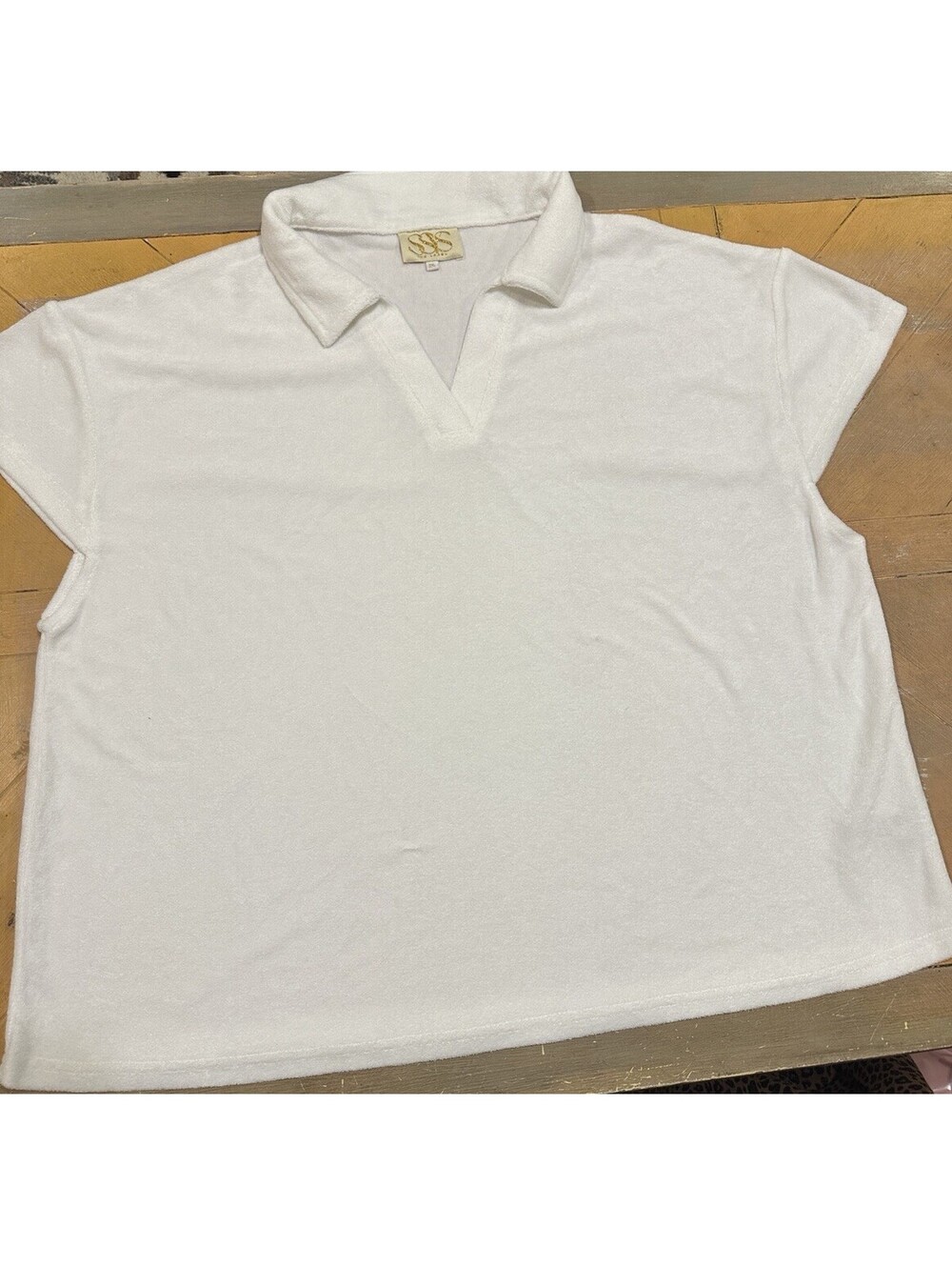 SSYS The Label XXL White Terry Polo Top Short Sleeve Collared V Neck